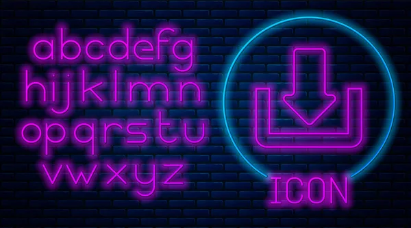 Leuchtende Neon-Download-Symbol isoliert auf Ziegelwand Hintergrund. Upload-Taste. Lastsymbol. Pfeil zeigt nach unten. Neonlicht-Alphabet. Vektorillustration — Stockvektor