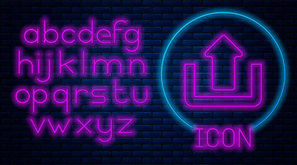 レンガの壁の背景に分離された輝くネオンアップロードアイコン。上向きの矢印。ネオンライトアルファベット。ベクトルイラストレーション — ストックベクタ