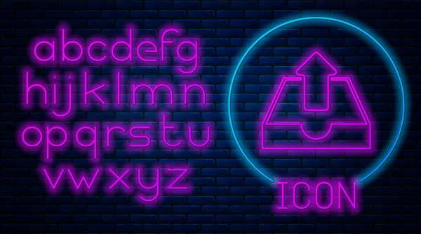 Leuchtende Neon-Upload-Posteingangssymbol isoliert auf Backsteinwand Hintergrund. Neonlicht-Alphabet. Vektorillustration — Stockvektor