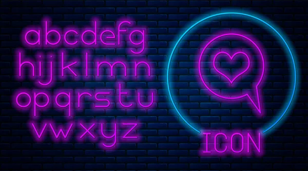 Glowing neon Heart in speech bubble icon isolated on brick wall background. Heart shape in message bubble. Love sign. Valentines day symbol. Neon light alphabet. Vector Illustration — Stock Vector