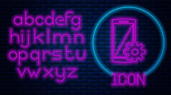 Glowing neon Setting on smartphone icon isolated on brick wall background. Mobile phone and gear. Adjusting, service, setting, maintenance, repair, fixing. Neon light alphabet. Vector Illustration — Stock Vector
