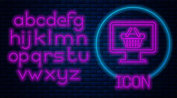 Świecący Neon monitor komputerowy z ikoną koszyka na zakupy na tle muru ceglanego. Koszyk zakupów online. Symbol koszyka supermarket. Neon światła alfabetu. Ilustracja wektorowa — Wektor stockowy