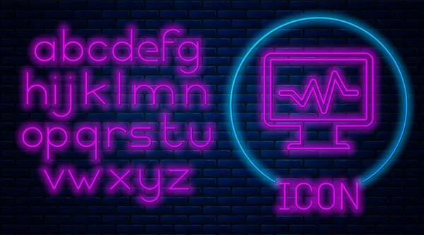 Glowing neon Computer monitor with cardiogram icon isolated on brick wall background. Monitoring icon. ECG monitor with heart beat hand drawn. Neon light alphabet. Vector Illustration — Stock Vector