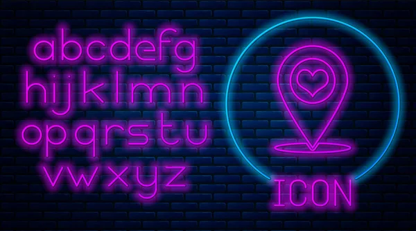 Gloeiende neon kaart aanwijzer met hart pictogram geïsoleerd op bakstenen muur achtergrond. Neon licht alfabet. Vector illustratie — Stockvector