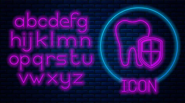 Świecące Neon ikona ochrony stomatologicznej izolowane na tle muru ceglanego. Ząb na logo tarczy. Neon światła alfabetu. Ilustracja wektorowa — Wektor stockowy