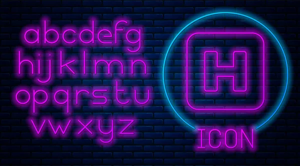 Gloeiende neon ziekenhuis teken pictogram geïsoleerd op bakstenen muur achtergrond. Neon licht alfabet. Vector illustratie — Stockvector