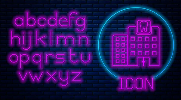 Świecące Neon ikona kliniki stomatologicznej na białym tle na tle cegły. Symbol centrum stomatologii. Neon światła alfabetu. Ilustracja wektorowa — Wektor stockowy