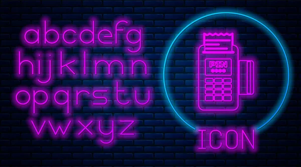 Terminal POS de neón brillante con tarjeta de crédito insertada e icono de receptor impreso aislado en el fondo de la pared de ladrillo. Concepto de pago NFC. Alfabeto de luz de neón. Ilustración vectorial — Archivo Imágenes Vectoriales