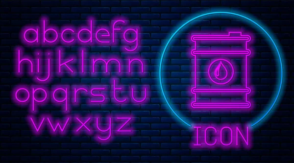 Gloeiende neon vat olie pictogram geïsoleerd op bakstenen muur achtergrond. Neon licht alfabet. Vector illustratie — Stockvector