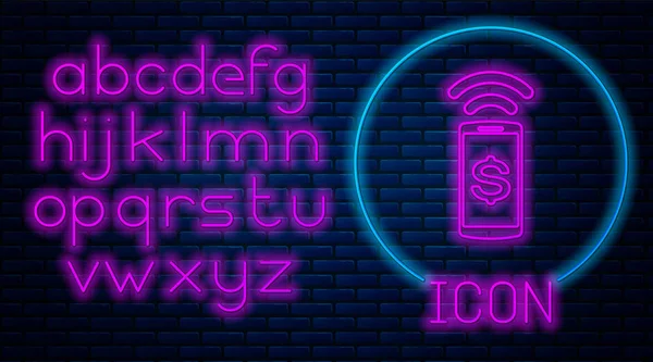 Tuğla duvar arka planda izole parlayan neon Temassız ödeme simgesi. Mobil cüzdan teknolojisi, nfc, akıllı telefon ile kablosuz ödeme. Neon ışık alfabesi. Vektör İllüstrasyonu — Stok Vektör