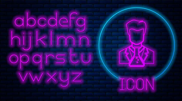 Leuchtende Neon-Wissenschaftler und Reagenzglas-Symbol isoliert auf Backsteinwand Hintergrund. Wissenschaftler Chemiker analysiert Laborkolben. Neonlicht-Alphabet. Vektorillustration — Stockvektor