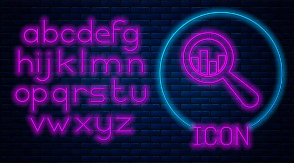 Glowing neon Magnifying glass and data analysis icon isolated on brick wall background. Neon light alphabet. Vector Illustration — Stock Vector