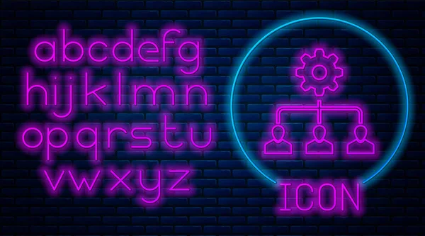 Gloeiende neon lead management icoon geïsoleerd op bakstenen muur achtergrond. Neon licht alfabet. Vector illustratie — Stockvector