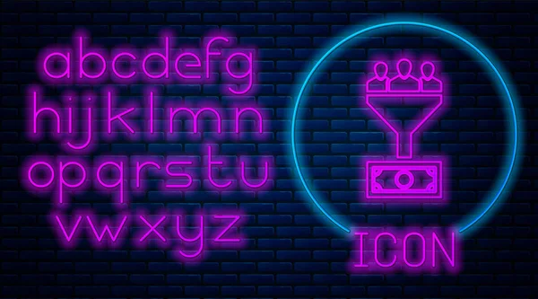 Świecące Neon ikona zarządzania ołowiu izolowane na tle muru ceglanego. Lejek z ludźmi, pieniądze. Koncepcja biznesowa klienta docelowego. Neon światła alfabetu. Ilustracja wektorowa — Wektor stockowy