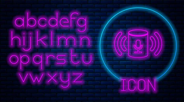 Izzó neon hang asszisztens ikon izolált téglafal háttérben. Hangvezérlés felhasználói felület intelligens hangszórója. Neonfény ábécé. Vektoros illusztráció — Stock Vector