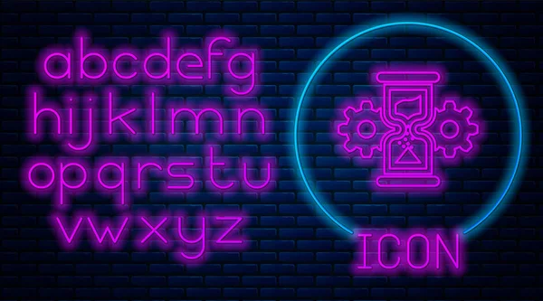 Leuchtende Neon Sanduhr und Getriebe Symbol isoliert auf Backsteinwand Hintergrund. Zeitmanagement-Symbol. Uhr und Getriebesymbol. Geschäftskonzept. Neonlicht-Alphabet. Vektorillustration — Stockvektor