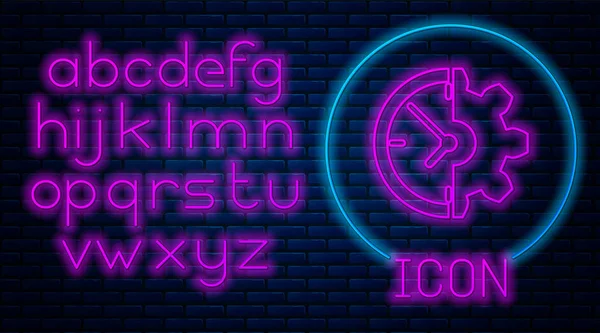 Leuchtende Neon-Uhr und Schaltuhr-Symbol isoliert auf Backsteinwand Hintergrund. Zeitmanagement-Symbol. Geschäftskonzept. Neonlicht-Alphabet. Vektorillustration — Stockvektor