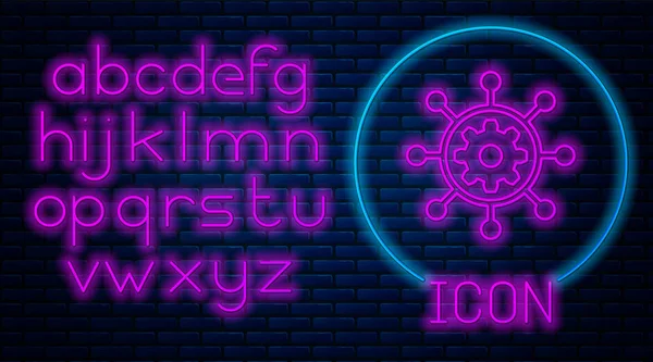 Świecąca Neon ikona zarządzania projektami odizolowana na tle muru ceglanego. Piasta i szprychy oraz ikona koła zębatego. Neon światła alfabetu. Ilustracja wektorowa — Wektor stockowy