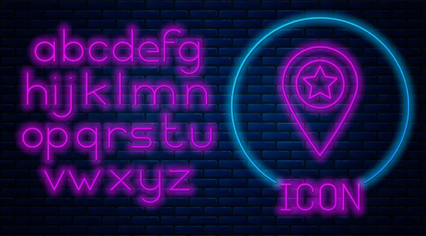 Gloeiende neon kaart pointer met ster icoon geïsoleerd op bakstenen muur achtergrond. Ster favoriete PIN Kaartpictogram. Kaart markeringen. Neon licht alfabet. Vector illustratie — Stockvector