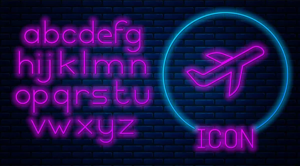 Leuchtende Neon-Flugzeug-Symbol isoliert auf Backstein-Wand-Hintergrund. Flugzeugikone. Verkehrszeichen. Neonlicht-Alphabet. Vektorillustration — Stockvektor