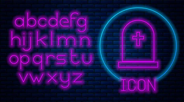 Glowing neon Tombstone with cross icon isolated on brick wall background. Grave icon. Neon light alphabet. Vector Illustration — Stock Vector