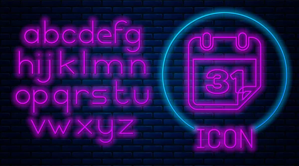 Leuchtende Neon-Kalender-Symbol isoliert auf Backstein-Wand-Hintergrund. Neonlicht-Alphabet. Vektorillustration — Stockvektor