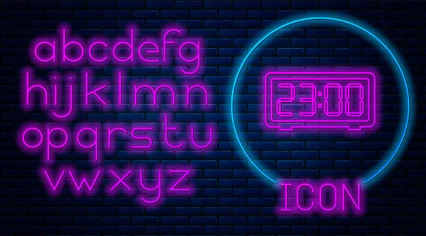Glowing neon Digital alarm clock icon isolated on brick wall background. Electronic watch alarm clock. Time icon. Neon light alphabet. Vector Illustration — Stock Vector
