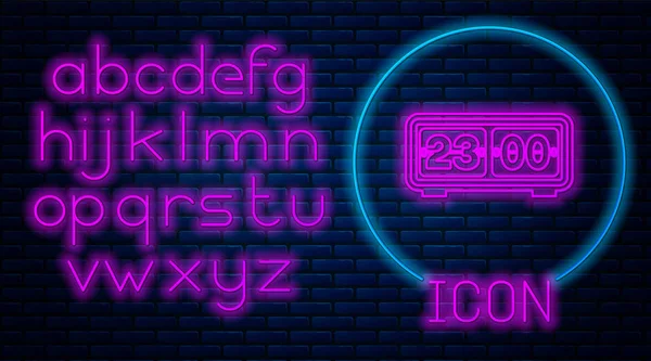 Glowing neon Retro flip clock icon isolated on brick wall background. Wall flap clock, number counter template, all digits with flips. Neon light alphabet. Vector Illustration — Stock Vector