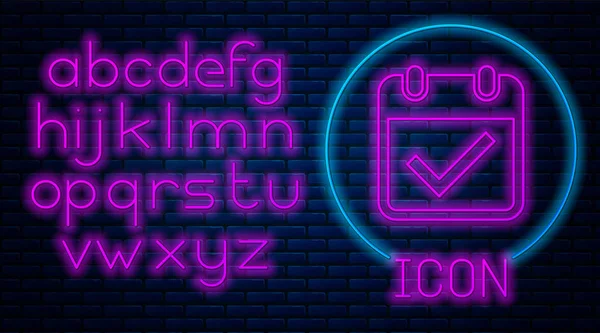 Leuchtende Neon-Kalender mit Häkchen-Symbol isoliert auf Backsteinwand Hintergrund. Neonlicht-Alphabet. Vektorillustration — Stockvektor