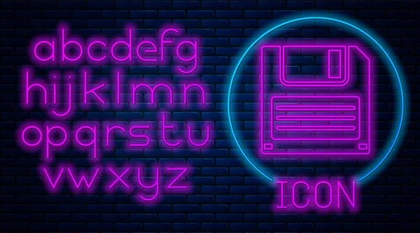 Gloeiende neon floppy disk voor computer data opslag icoon geïsoleerd op bakstenen muur achtergrond. Diskette teken. Neon licht alfabet. Vector illustratie — Stockvector