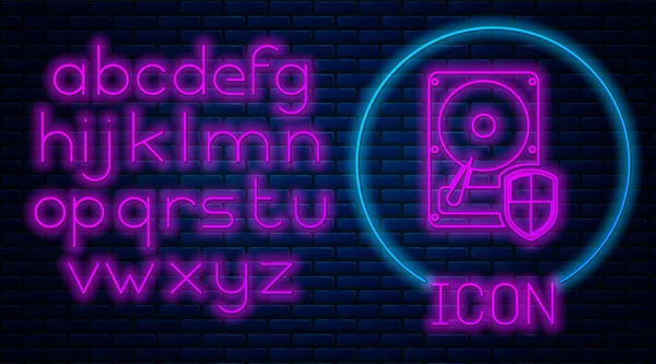Glowing neon Hard disk drive HDD protection icon isolated on brick wall background. Neon light alphabet. Vector Illustration — Stock Vector