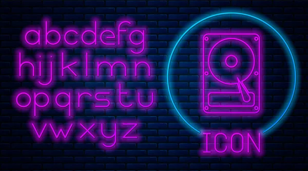 Glödande Neon hårddisk driva HDD ikonen isolerad på tegelvägg bakgrunden. Neonljus alfabetet. Vektor illustration — Stock vektor