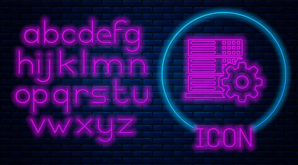 Gloeiende neon server instelling pictogram geïsoleerd op bakstenen muur achtergrond. Neon licht alfabet. Vector illustratie — Stockvector