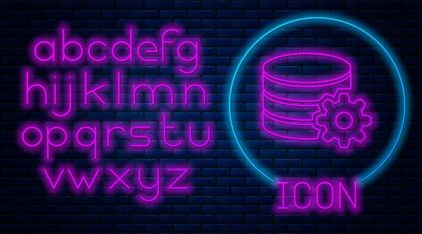 Brilhante neon Configuração ícone do servidor de banco de dados isolado no fundo da parede de tijolo. Centro de dados. Alfabeto claro de néon. Ilustração vetorial —  Vetores de Stock