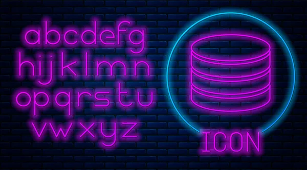 Glowing neon Database icon isolated on brick wall background. Network databases, disc with progress bar. Backup concept. Neon light alphabet. Vector Illustration — Stock Vector