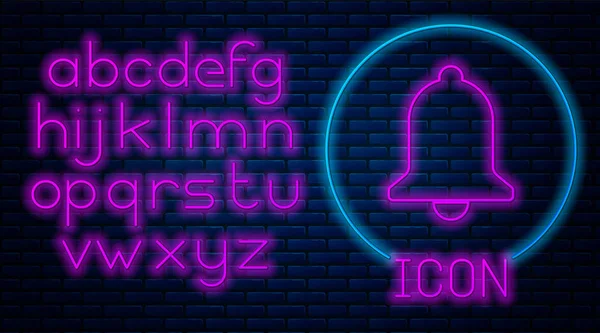 Glödande Neon ringklocka ikon isolerad på tegelvägg bakgrund. Alarm symbol, service klocka, klockan skylt, meddelande symbol. Neonljus alfabetet. Vektor illustration — Stock vektor