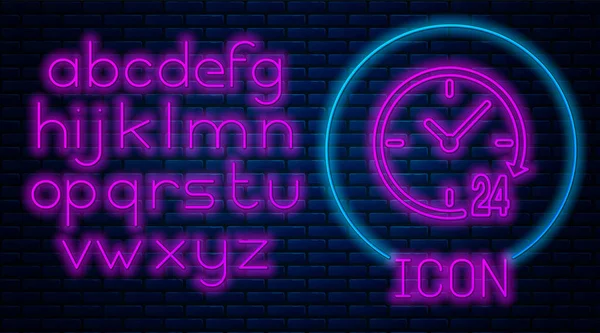 Glowing neon Clock 24 hours icon isolated on brick wall background. All day cyclic icon. 24 hours service symbol. Neon light alphabet. Vector Illustration — Stock Vector