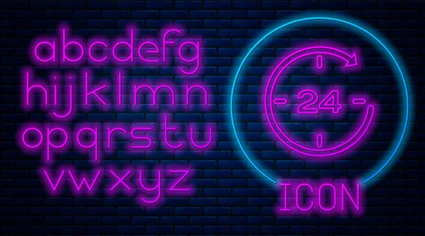 Leuchtende Neonuhr 24 Stunden Symbol isoliert auf Backsteinwand Hintergrund. ganztägige zyklische Ikone. 24 Stunden Service-Symbol. Neonlicht-Alphabet. Vektorillustration — Stockvektor