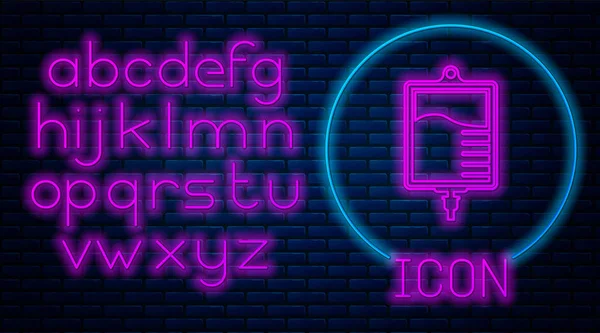 Leuchtende Neon-Iv-Tasche Symbol isoliert auf Backsteinwand Hintergrund. Blutbeutel-Symbol. Blutspendekonzept. das Konzept der Behandlung und Therapie, Chemotherapie. Neonlicht-Alphabet. Vektorillustration — Stockvektor