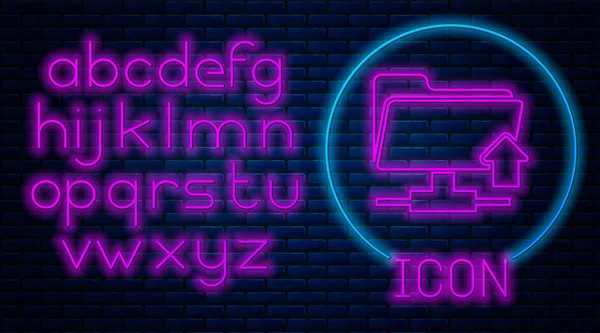 Świecące Neon FTP folder upload ikony izolowane na tle muru ceglanego. Aktualizacja oprogramowania, protokół transferu, router, zarządzanie narzędziami pracy zespołowej, proces kopiowania. Neon światła alfabetu. Ilustracja wektorowa — Wektor stockowy