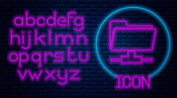 Gloeiende neon FTP-map pictogram geïsoleerd op bakstenen muur achtergrond. Software-update, overdrachtsprotocol, router, teamwork tool management, kopieerproces, info. Neon licht alfabet. Vector illustratie — Stockvector