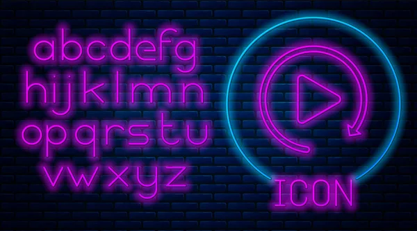 Gloeiende neon video afspelen knop zoals Simple Replay icoon geïsoleerd op bakstenen muur achtergrond. Neon licht alfabet. Vector illustratie — Stockvector