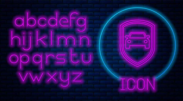 Glowing neon Car protection or insurance icon isolated on brick wall background. Protect car guard shield. Safety badge vehicle icon. Security auto label. Neon light alphabet. Vector Illustration — Stock Vector