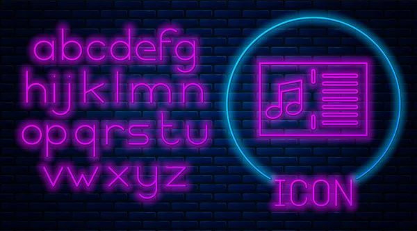 Glowing neon Music book with note icon isolated on brick wall background. Music sheet with note stave. Notebook for musical notes. Neon light alphabet. Vector Illustration — Stock Vector