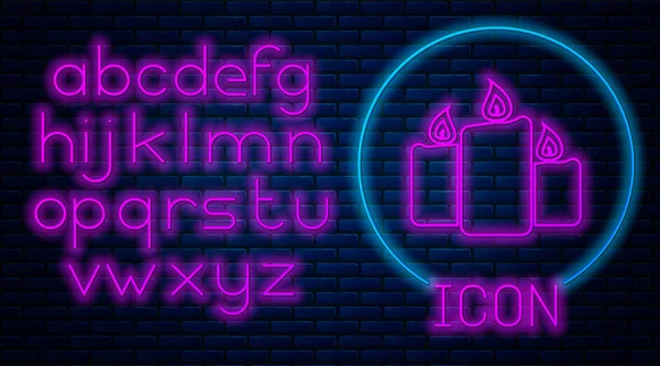 Glowing neon Burning candles icon isolated on brick wall background. Old fashioned lit candles. Cylindrical aromatic candle sticks with burning flames. Neon light alphabet. Vector Illustration — Stock Vector