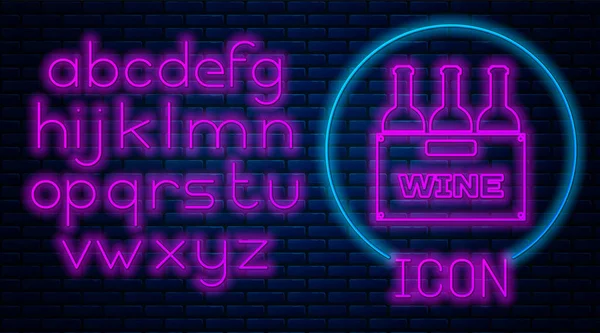 Izzó neon palack bort egy fából készült doboz ikon izolált téglafal háttérben. Borosüvegek egy fa láda ikonra. Neonfény ábécé. Vektoros illusztráció — Stock Vector