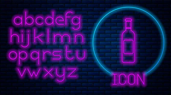 Leuchtende neonfarbene Flasche Wein Ikone isoliert auf Backsteinwand Hintergrund. Neonlicht-Alphabet. Vektorillustration — Stockvektor