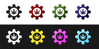 Siyah ve beyaz arka plan üzerinde izole esrar veya esrar yaprağı simgesi ile Kimyasal test tüpü ayarlayın. Araştırma konsepti. Laboratuvar Cbd yağ konsepti. Vektör İllüstrasyonu