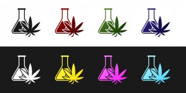 Siyah ve beyaz arka plan üzerinde izole esrar veya esrar yaprağı simgesi ile Kimyasal test tüpü ayarlayın. Araştırma konsepti. Laboratuvar Cbd yağ konsepti. Vektör İllüstrasyonu
