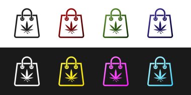 Set Tıbbi esrar veya esrar yaprağı simgesi siyah ve beyaz arka plan üzerinde izole Alışveriş kağıt torba. Esrar satın alıyorum. Kenevir sembolü. Vektör İllüstrasyonu